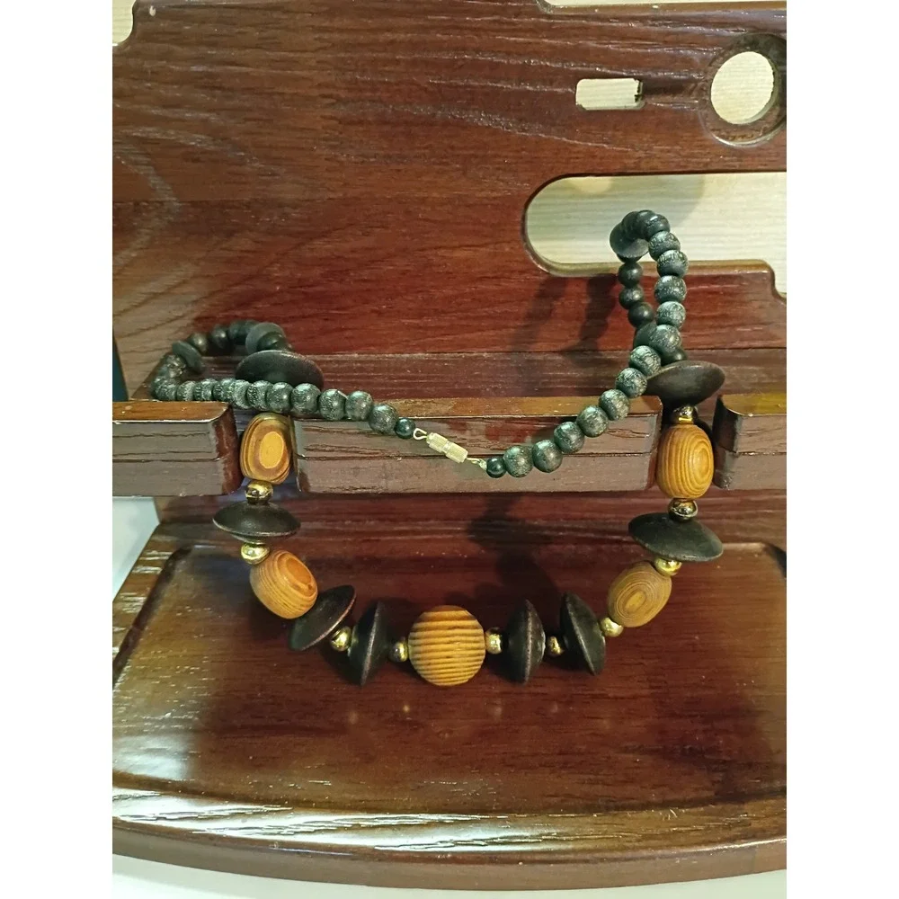 Vintage Chunky Wood Bead Statement Necklace Boho Earthy Brown Black Gold Tone